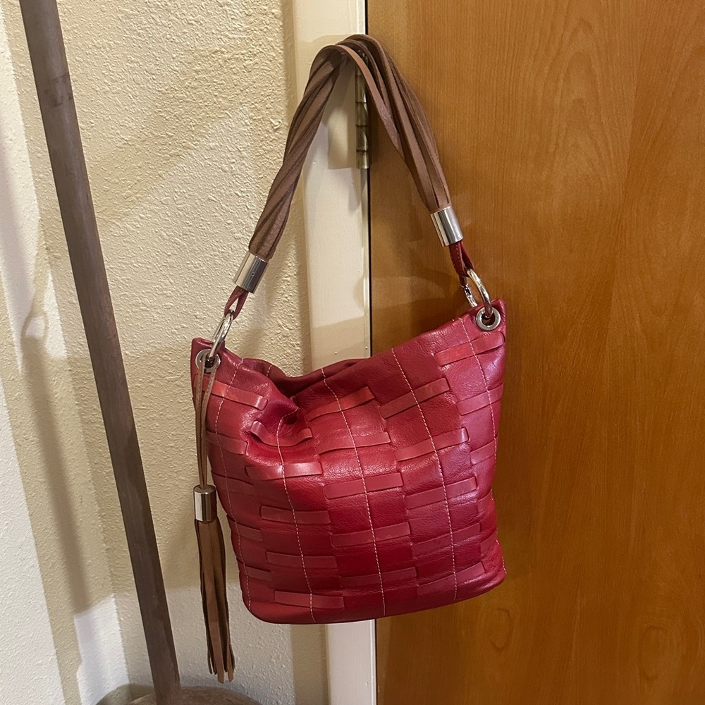 Women’s Woven Hobo Bag in Red with Brown Straps